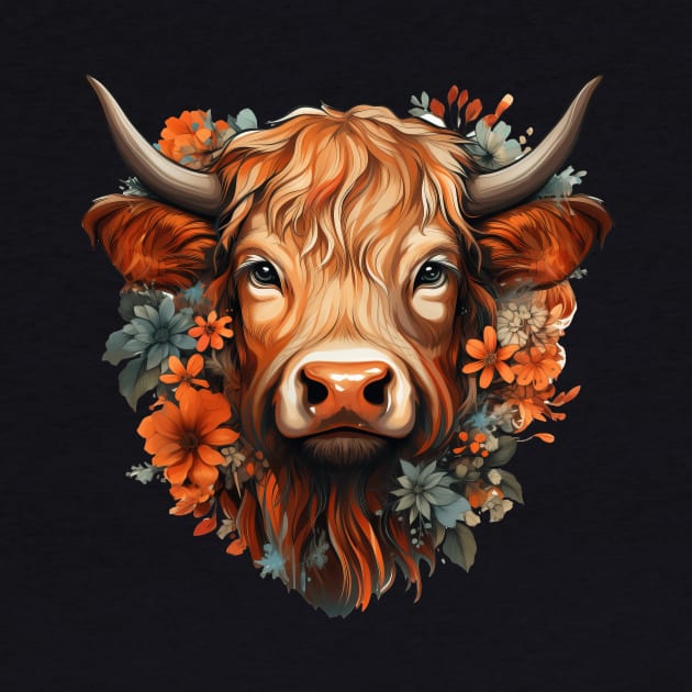 Highland cow colorful floral Illustration by Ross Holbrook